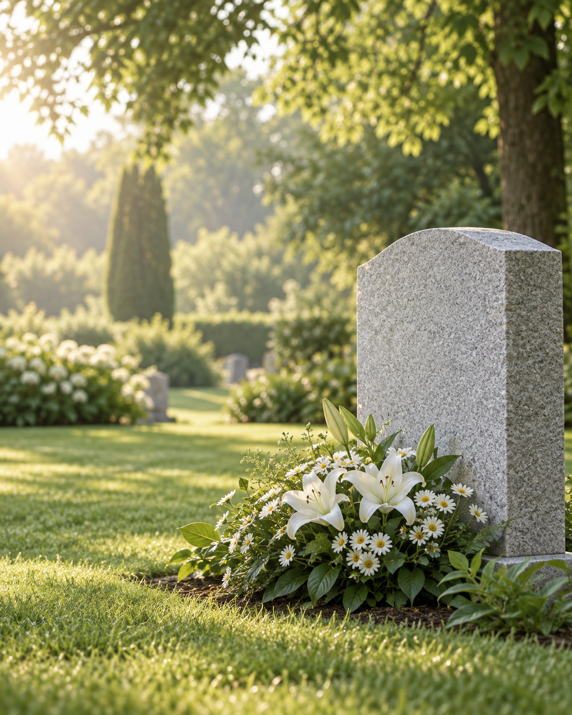 White flowers beside an uninscribed memorial in a peaceful sunlit garden.